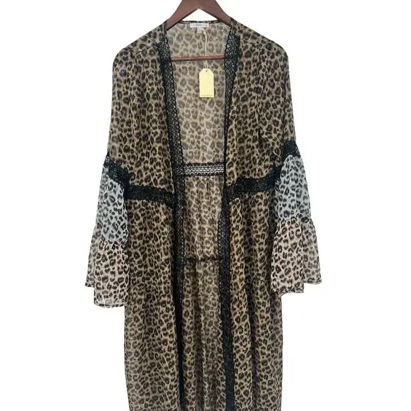 JODIFL Leopard Print Tiered Open Front Sheer Duster Women's Size Small NEW!!! - Picture 2 of 5